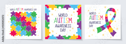 Set of World Autism Awareness Day square web banners with jigsaw puzzle design. Templates collection for annual international event