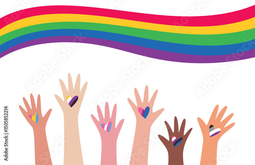 LGBT pride month horizontal banner with a rainbow flag and lots of hands with various genders heart symbols. Vector illustrations collection for an annual celebration of gender diversity