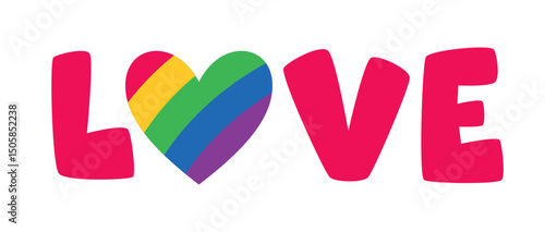 Word Love with a rainbow heart. LGBTQ illustration for June pride month. Vector word design for an annual celebration of gender diversity