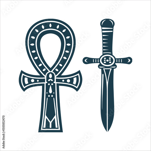 Egyptian Ankh and Dagger Crossed Vector