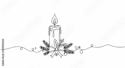 An elegant candle illustration with burning flame and holiday decoration on drawing line