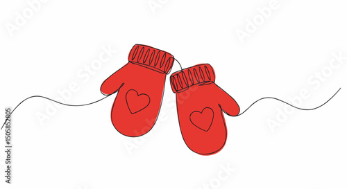 Two red mittens, connected by a line, each adorned with a heart, symbolizing warmth and affection
