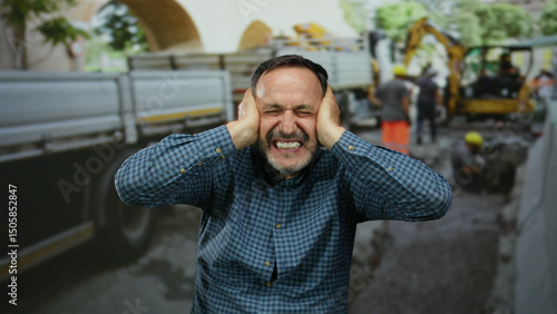 Фотография Man covering ears and screaming at a noisy construction site where workers in helmets operate machinery creating a chaotic and stressful atmosphere indicative of urban life