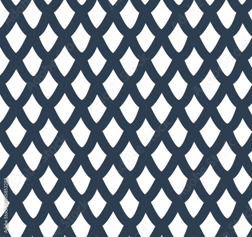Seamless vector pattern reminiscent of fish or mermaid scales in rich navy blue on white. Clean, geometric and ocean-inspired. For textile, packaging, wallpaper and nautical design. Hand-drawn