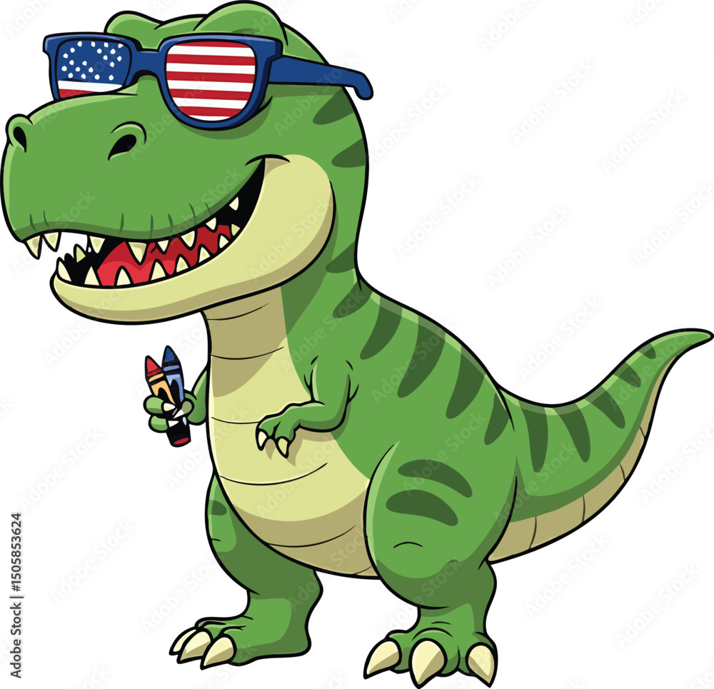 Fototapeta premium Cute green cartoon tyrannosaurus rex dinosaur vector illustration