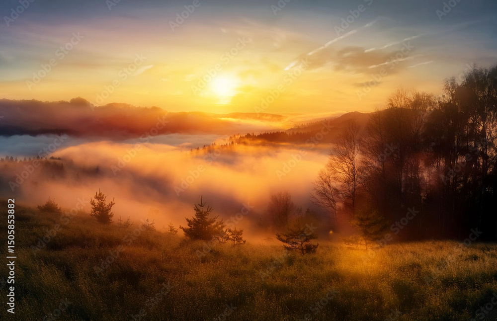 Generated Breathtaking sunrise over misty hills and valleys, captured during the golden hour. The soft morning fog, warm light, and serene natural landscape create a peaceful and atmospheric countrysi Generated Breathtaking sunrise over misty hills and valleys, captured during the golden hour. The soft morning fog, warm light, and serene natural landscape create a peaceful and atmospheric countrysi