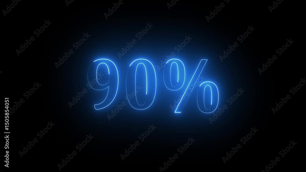 Neon glowing 90 percent sign on black background. Abstract 90% percent text neon animation. Neon glowing 90 percent sign on black background. Abstract 90% percent text neon animation.