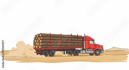 A red semi-truck transporting a heavy load of logs across a dusty landscape