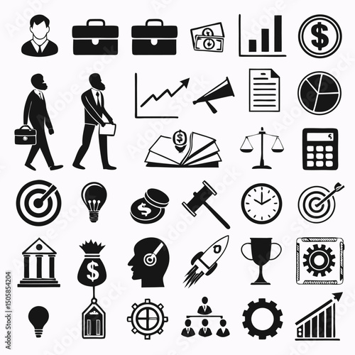 Monochrome Business & Finance Icons – Silhouette Style for Reports, Presentations & Dashboards