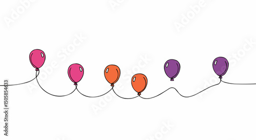 A line of colorful balloons floating in the air with strings attached. The balloons are arranged in a row and look like they are ready to lift off and bring happiness