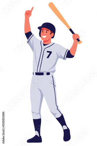 Cheerful Baseball Player Celebrating Victory with Bat in Dynamic Clipart Style Illustration