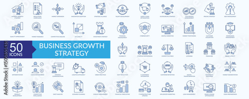 Business growth strategy icon collection set with talent development, innovation adoption, continuous improvement, market research, digital marketing
