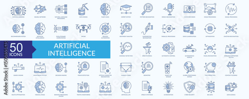 Artificial intelligence icon collection set with machine learning, neural network, speech recognition, image processing, spam filtering
