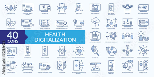Health digitalization icon collection set with electronic health record, electronic prescription, digital therapeutic, online consultation, virtual reality 
