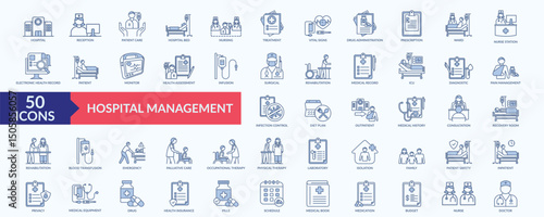 Hospital management icon collection set with doctor, nurse, patient care, patient safety, rehabilitation
