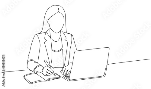Woman working with laptop & notebook. Professional businesswoman line drawing. Office or remote employee line art. Hand drawn vector illustration, editable stroke. Isolated on transparent background.