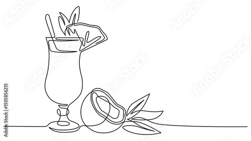 Pina colada line drawing. Hand-drawn tropical cocktail line art. Hand drawn vector illustration with editable stroke. Isolated on transparent background.