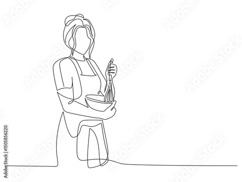 Woman whisking - baking or cooking line drawing. Hand-drawn female baker with whisk and mixing bowl line art. Hand drawn vector illustration with editable stroke. Isolated on transparent background.