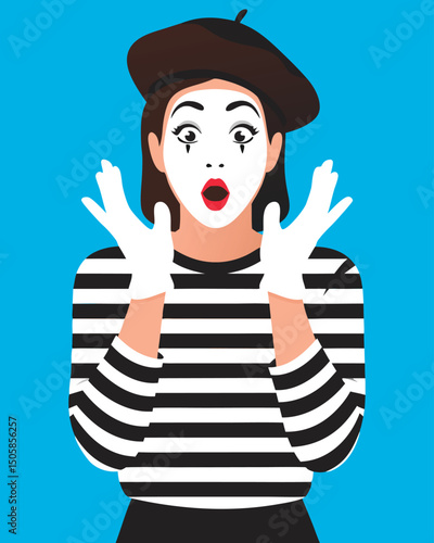 Surprised Mime Artist with Striped Shirt and Excited Expression in a Vibrant Blue Background