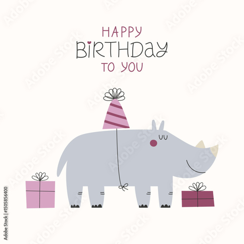 Greeting Birthday card with with wild cute rhinoceros in festive hat. Happy Birthday card or poster template design.