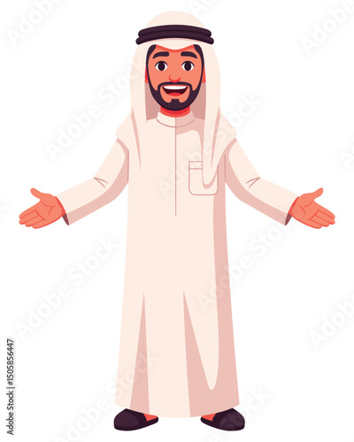 Cartoon Man in Traditional Saudi Clothing with Open Arms Expressing Welcome and Hospitality