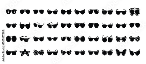 set of black color sunglass silhouette on white background. sunglass icon