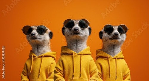 Three meerkats wearing sunglasses and yellow hoodies stand against an orange background, creating a fun and trendy portrait of these adorable animals in a studio setting.