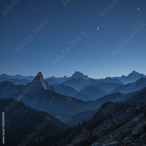 Night sky over majestic mountains, crescent moon and stars.