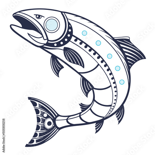 Futuristic Robotic Salmon Illustration with White Back Cybernetic Fish Design