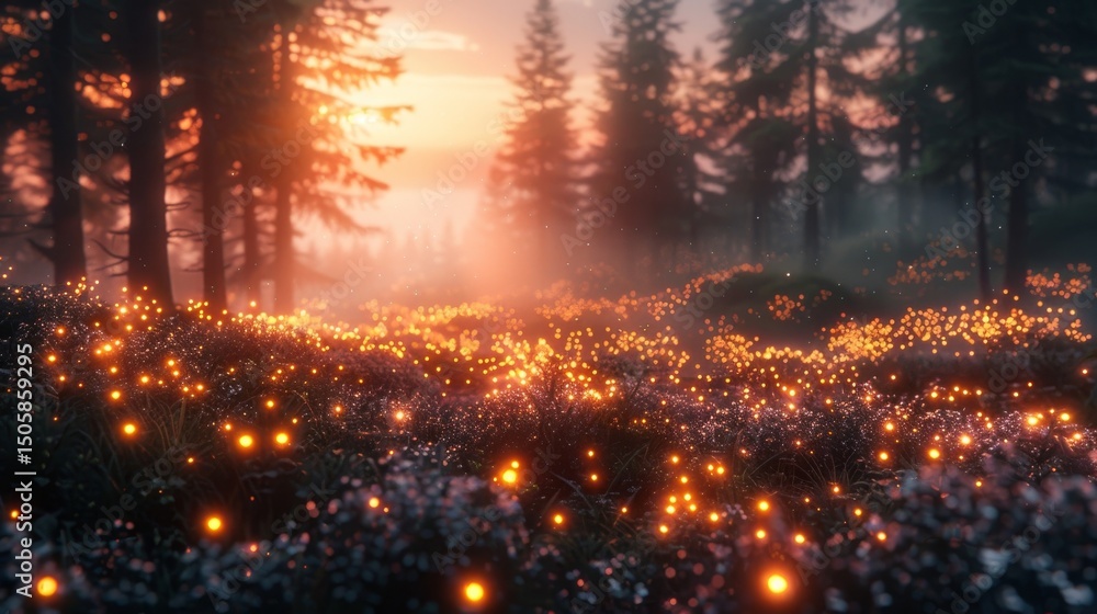 A cluster of fireflies illuminating a twilight forest, their glow and the ambiance around them creating a magical scene. A cluster of fireflies illuminating a twilight forest, their glow and the ambiance around them creating a magical scene.