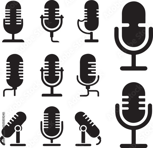 microphone icons set,Microphone Silhouette Icon Set for Audio Recording and Communication Designs