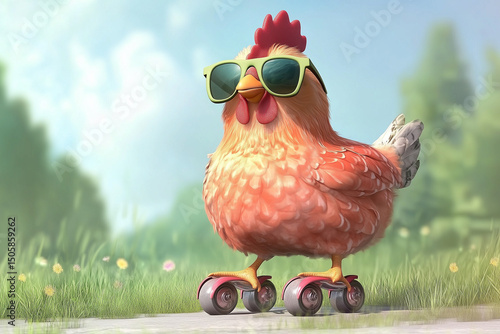 A cute cartoon illustration of a happy baby easter chick and hen with an egg featuring a funny bird character design and a festive christmas hat