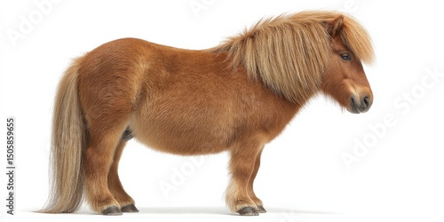 Adorable chestnut Shetland pony standing against a white background.