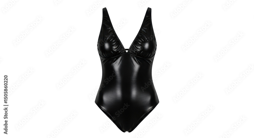 Obraz premium Isolated Sleek Black Faux Leather Bodysuit with Plunging Neckline