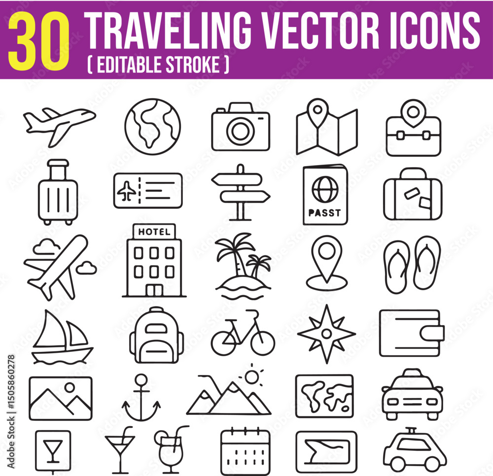 Fototapeta premium travel, Vacation, and tourism icon set. It contains a swimming pool, beach, map, plane, suitcase, boat, cycle, hotel, and resort. Each icon has an editable stroke.