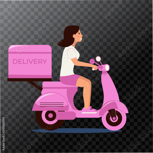 Vector illustration girl courier brunette delivery girl on a scooter with a parcel, with a cardboard box attached to the back, pink scooter, PNG