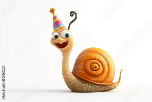 A macro close-up of a small brown garden snail with a spiral shell crawling slowly on a white background, showing the slimy gastropod mollusk isolated as a single animal in nature