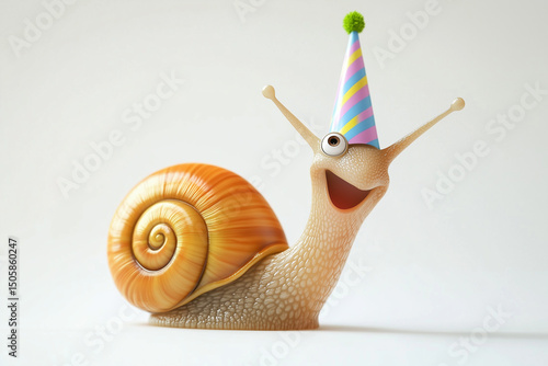 A macro close-up of a small brown garden snail with a spiral shell crawling slowly on a white background, showing the slimy gastropod mollusk isolated as a single animal in nature
