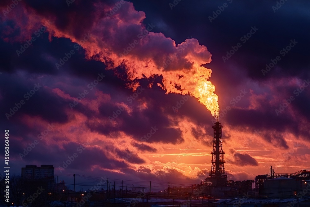 Obraz premium Gas flaring emitting smoke and flames at sunset in oil refinery