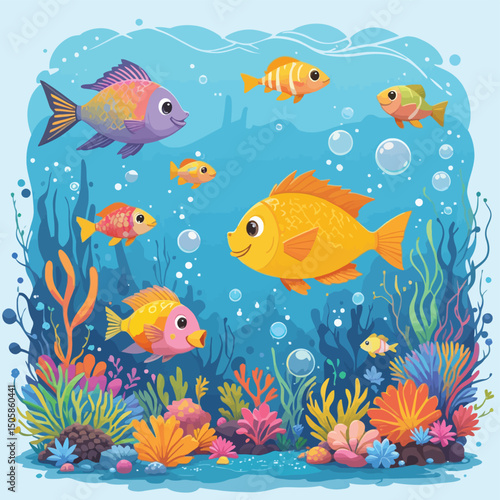 A lively flat vector illustration featuring colorful fish swimming among coral reefs and bubbles