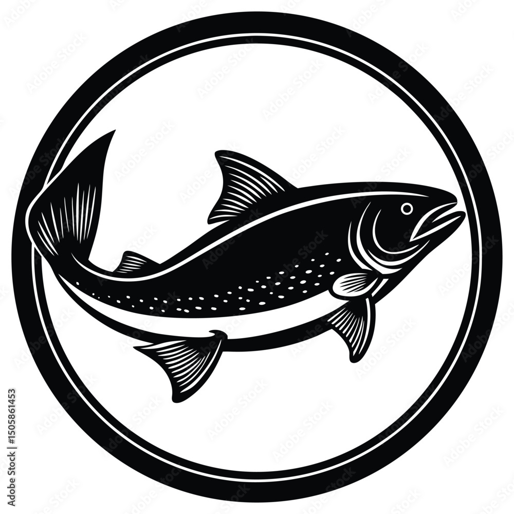 Fototapeta premium Salmon Illustration in Circular Frame Design with White Background for Creative Projects