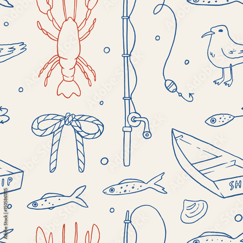 Fisherman core seamless pattern with hand-drawn marine illustrations: fishing rod, lobster, sardines fish, seagulls, fish bait, rope. Red and blue color. Vector vintage fishing hobby background design