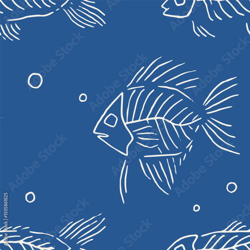 Nautical seamless pattern with hand-drawn fish, sardines under water in navi blue color. Cute vector sea theme background illustration design.