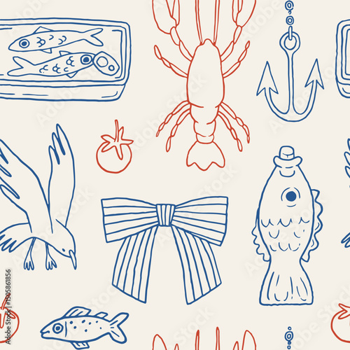 Nautical seamless pattern with hand-drawn marine elements: lobsters, fish, sardines, seagulls, tomatoes, anchors, and bows in red and blue. Cute vector vintage seafood illustration design.
