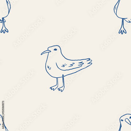 Seagulls seamless pattern, whimsy hand drawn background. Nautical wallpaper in navi blue color. Funny seagull line art. Cute vector outlined sea coastal theme background design