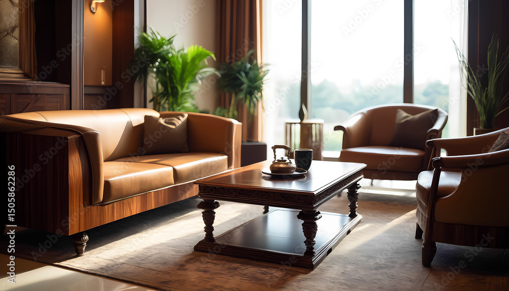 Fototapeta premium Comfortable living room with leather sofa, armchairs and wooden coffee table.