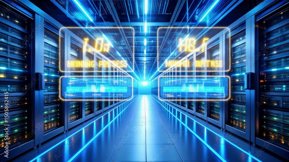 Data center interior, server and mining machine, infrastructure support cryptocurrency mining and blockchain technology. Digital hash rate counter, Bitcoin, ethereum symbol in augmented reality panels