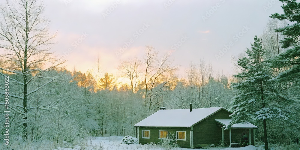 Obraz premium Snow-covered Cabin at Sunrise