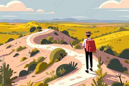 Traveler with backpack walking on winding path through scenic hills. Colorful cartoon landscape, adventure, hiking, exploration, nature, outdoor journey, wanderlust, summer vector illustration.