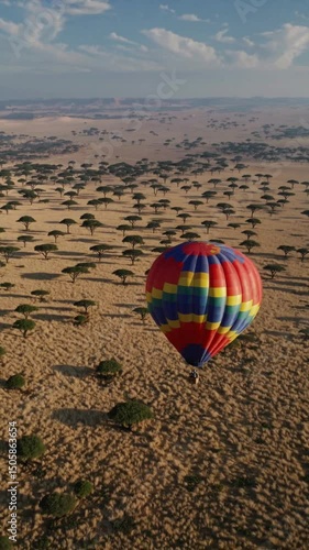 Survol majestueux de la savane africaine en montgolfière colorée

